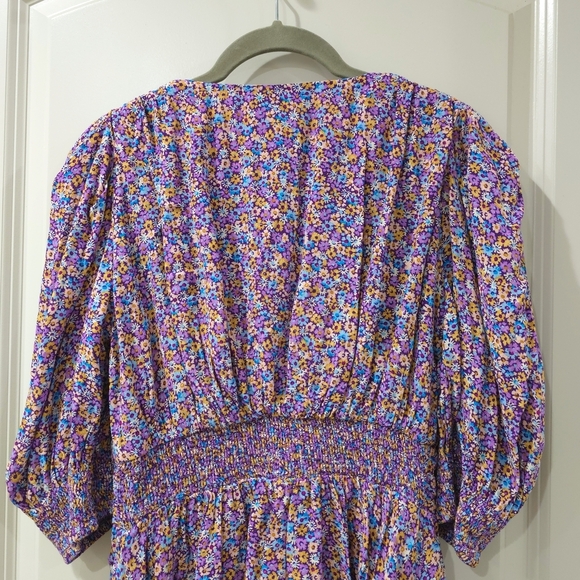 Zara Purple Blue Yellow Floral Puff Smocked Sleeve Sundress Mini, Deep Vneck, S - Picture 11 of 16